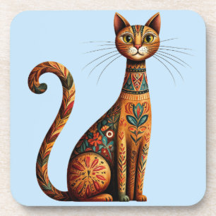Boho Tribal Cat Cute Folk Art with Flowers Coaster