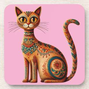 Boho Tribal Cat Cute Folk Art with Flowers Coaster