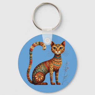 Boho Tribal Cat Cute Folk Art with Flowers Key Ring