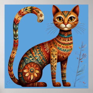 Boho Tribal Cat Cute Folk Art with Flowers Poster