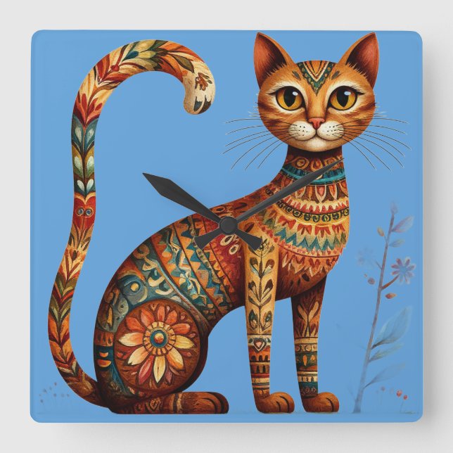 Boho Tribal Cat Cute Folk Art with Flowers Square Wall Clock (Front)