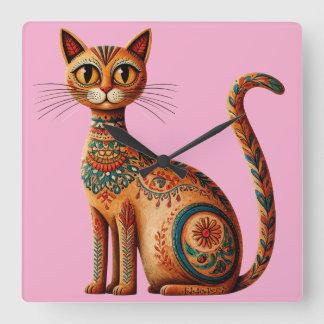 Boho Tribal Cat Cute Folk Art with Flowers Square Wall Clock