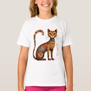 Boho Tribal Cat Cute Folk Art with Flowers T-Shirt