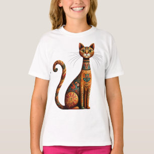 Boho Tribal Cat Cute Folk Art with Flowers T-Shirt
