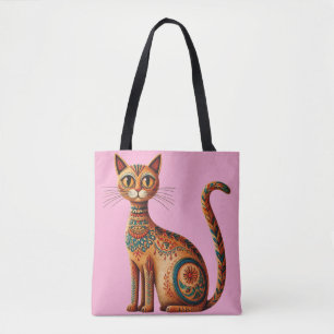 Boho Tribal Cat Cute Folk Art with Flowers Tote Bag