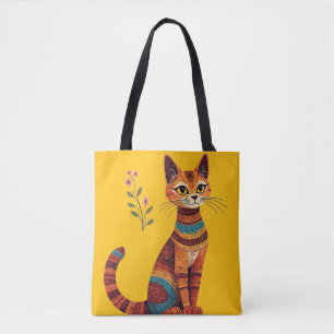 Boho Tribal Cat Cute Folk Art with Flowers Tote Bag
