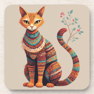 Boho Tribal Cat Illustration Cute Folk Art Design Coaster