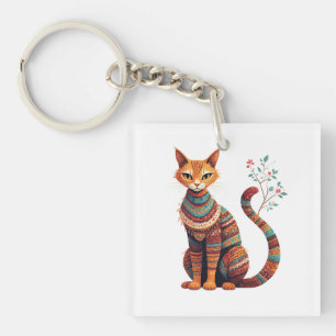 Boho Tribal Cat Illustration Cute Folk Art Design Key Ring