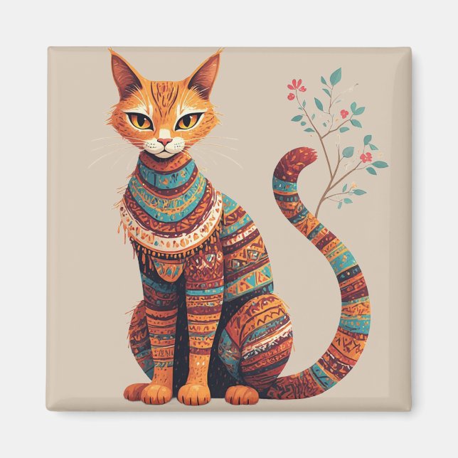 Boho Tribal Cat Illustration Cute Folk Art Design Magnet (Front)