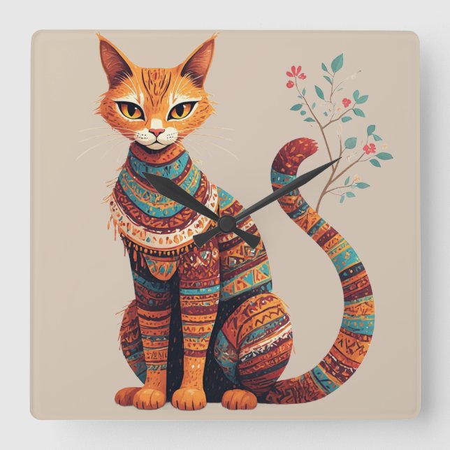 Boho Tribal Cat Illustration Cute Folk Art Design Square Wall Clock (Front)
