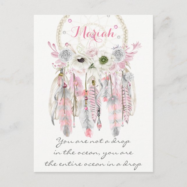 Boho Tribal Dream Catcher Feathers Flowers Native Postcard (Front)