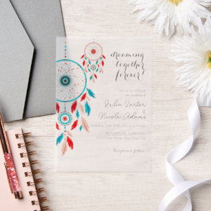 Boho Tribal feather Dreamcatcher Wedding Vellum Invitations