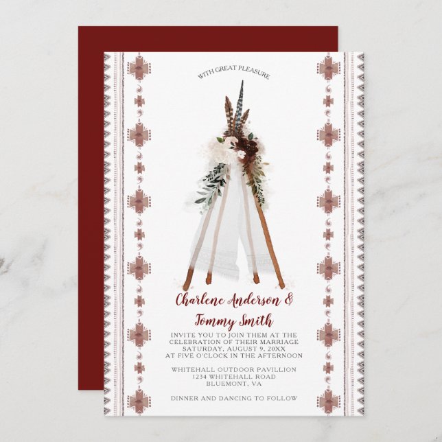 Boho Tribal Feathers Floral Teepee Wedding | Invitation (Front/Back)