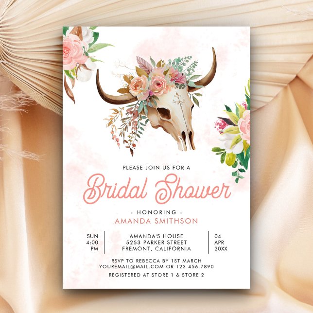 Boho Tribal Floral Cow Skull Bridal Shower Invitation (Creator Uploaded)