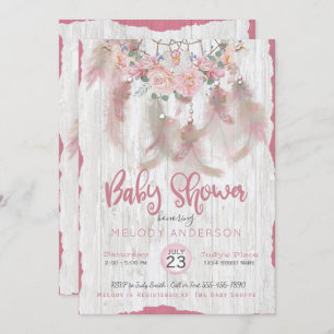 BOHO Tribal Floral Dream Catcher Pink Baby Shower Invitation