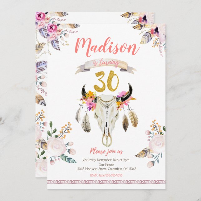 Boho Tribal Floral Skull 30th Birthday Invitation (Front/Back)