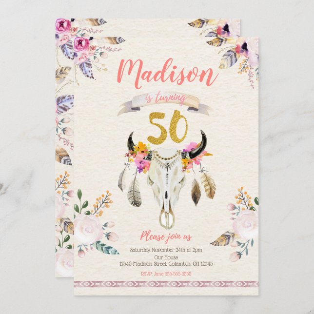 Boho Tribal Floral Skull 50th Birthday Invitation (Front/Back)