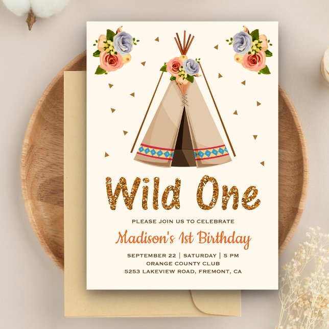 Boho Tribal Floral Teepee Wild One First Birthday Invitation (Creator Uploaded)
