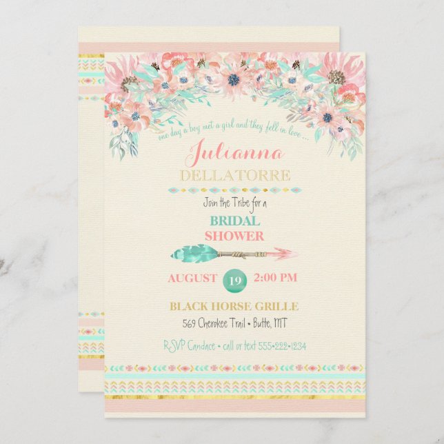 Boho Tribal Peach Mint Arrow Floral Watercolors Invitation (Front/Back)