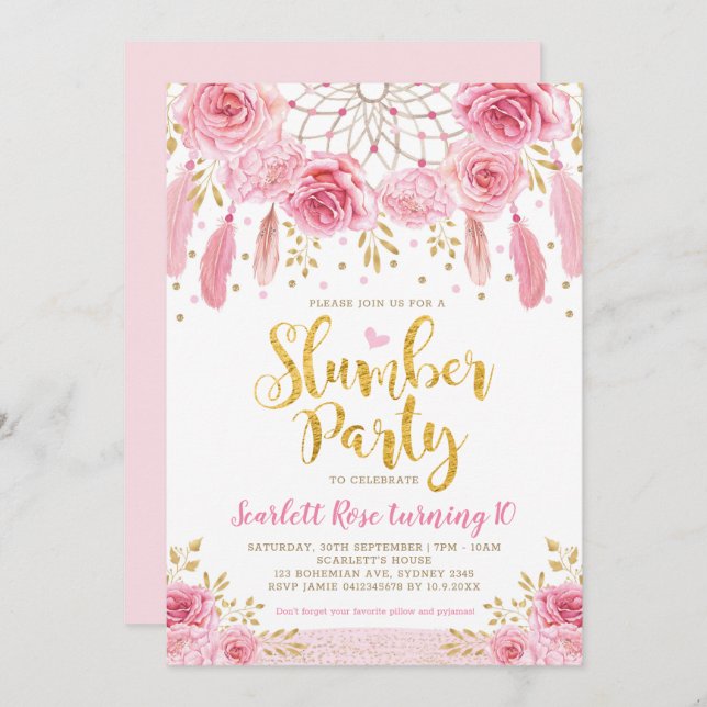 Boho Tribal Pink Roses Dreamcatcher Slumber Party Invitation (Front/Back)