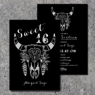 Boho Tribal Skull Black n White Sweet 16 Birthday Invitation