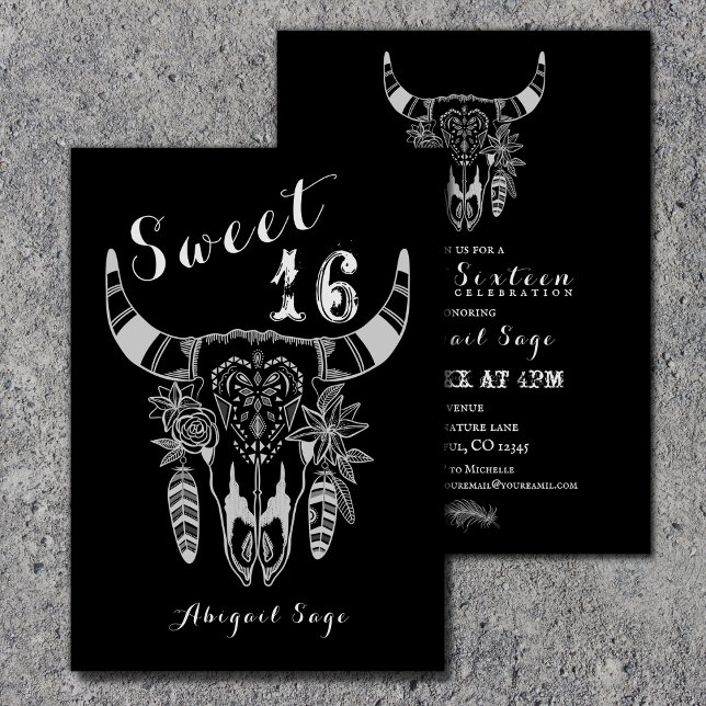 Boho Tribal Skull Black n White Sweet 16 Birthday Invitation (Creator Uploaded)