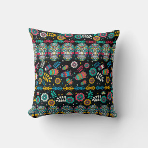 Boho tribal skulls: colorful pattern. cushion