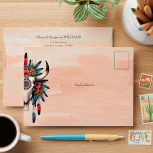 Boho Tribal Watercolor Floral Cow Skull Wedding Envelope