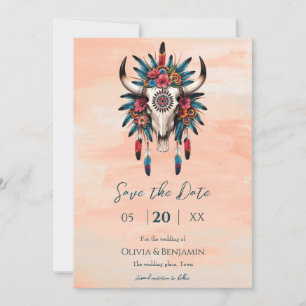 Boho Triball Watercolor Floral Cow Skull Wedding Save The Date