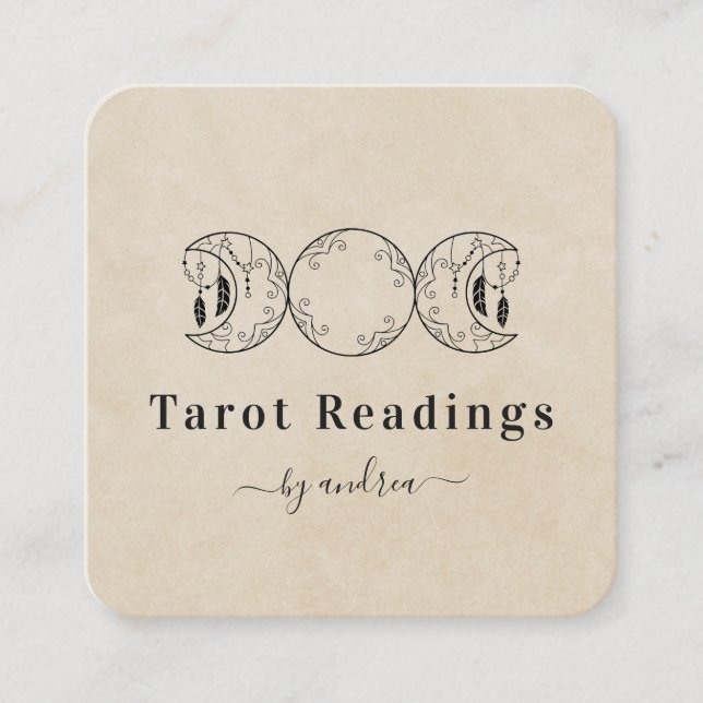 Boho Triple Moon Beige Sand Celestial Tarot Reader Square Business Card (Front)