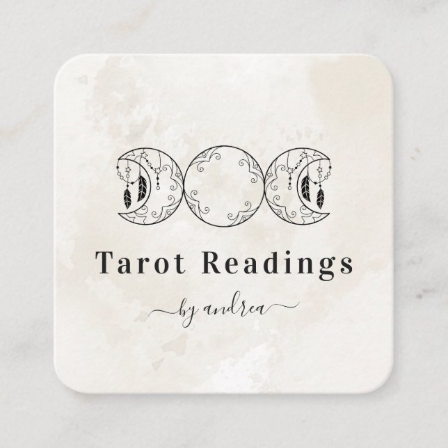 Boho Triple Moon White Marble Reader Energy Healer Square Business Card (Front)