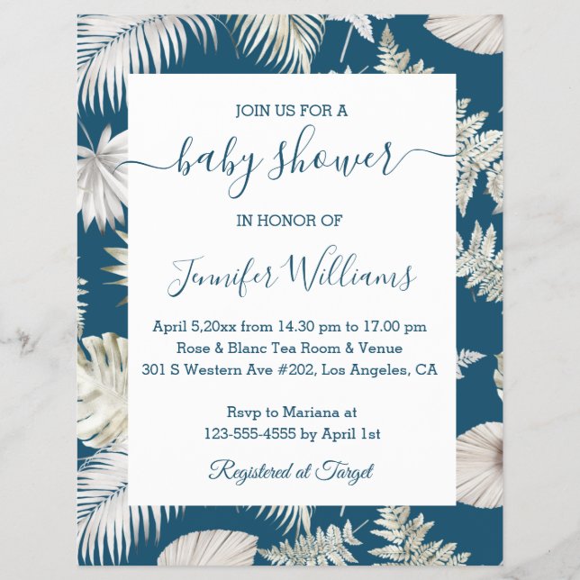 boho tropical baby shower blue grey invitation  flyer (Front)