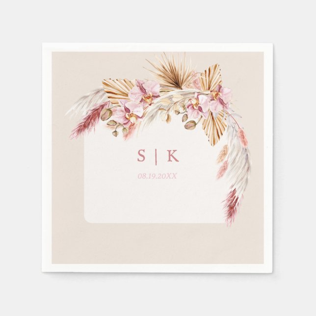 Boho Tropical Beach Floral Monogram Wedding Napkin (Front)