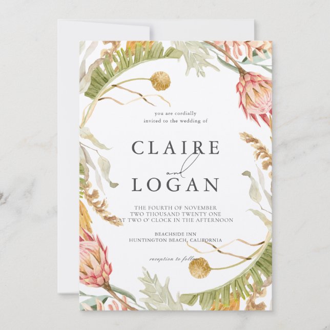Boho Tropical Botanical Watercolor Wedding Invitation (Front)