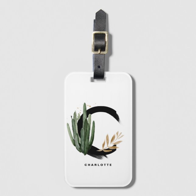Boho Tropical Cactus Letter A Monogram Bridesmaid Luggage Tag (Front Vertical)