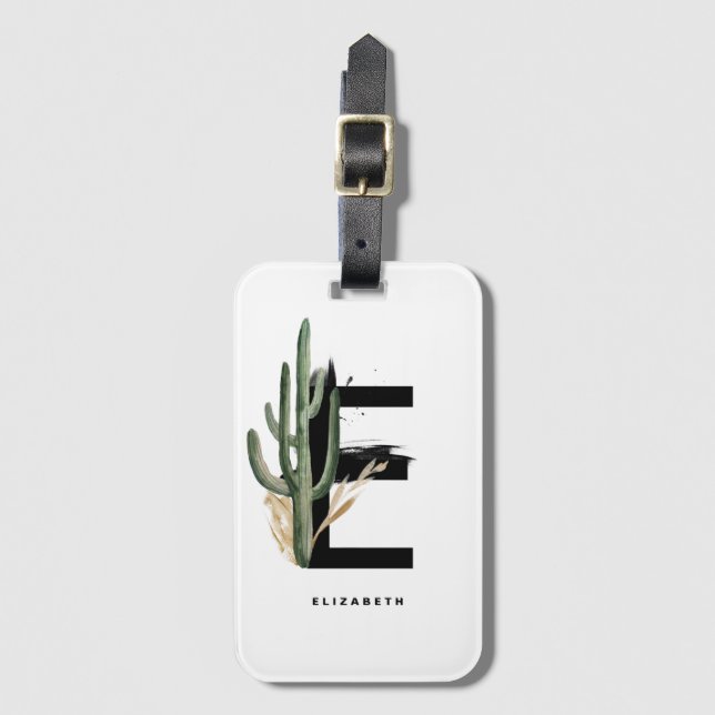 Boho Tropical Cactus Letter E Monogram Bridesmaid Luggage Tag (Front Vertical)