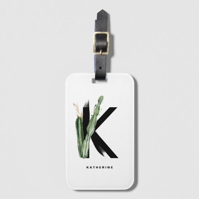 Boho Tropical Cactus Letter K Monogram Bridesmaid Luggage Tag (Front Vertical)