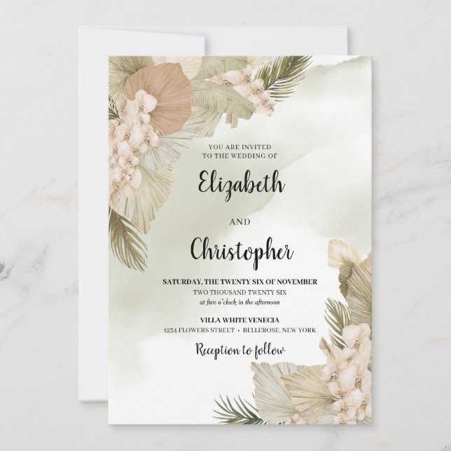 Boho Tropical Dried Palm Leaves White Rose Orchid  Invitation (Front)
