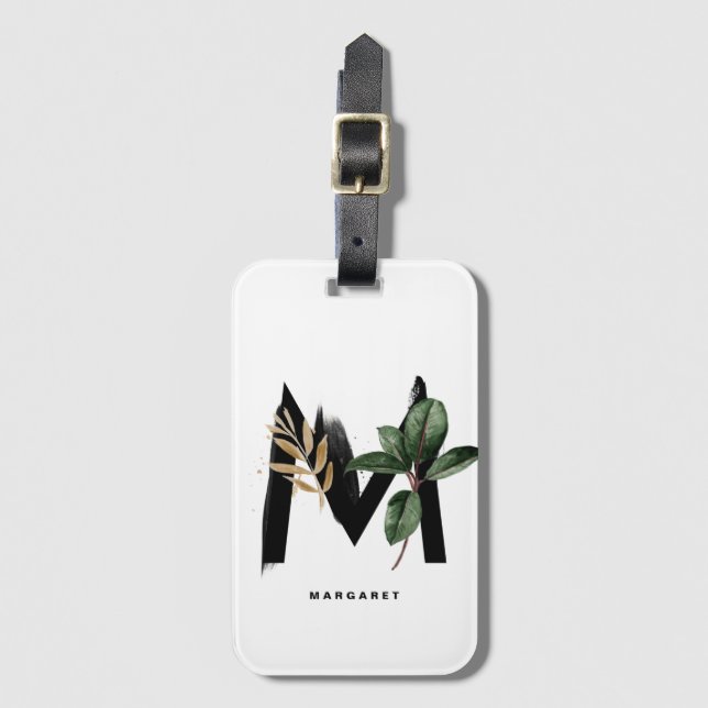 Boho Tropical Ficus Letter M Monogram Bridesmaid Luggage Tag (Front Vertical)