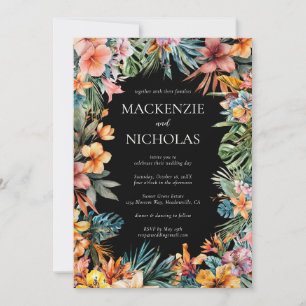 Boho Tropical Floral Black Wedding Invitation