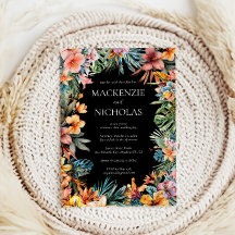 Boho Tropical Floral Black Wedding Invitation