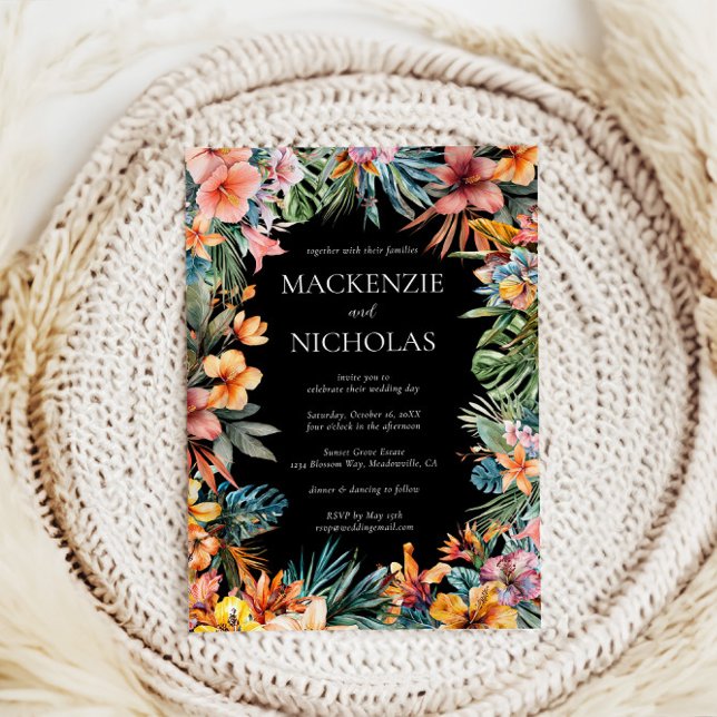 Boho Tropical Floral Black Wedding Invitation (tropical wedding invitation black
)