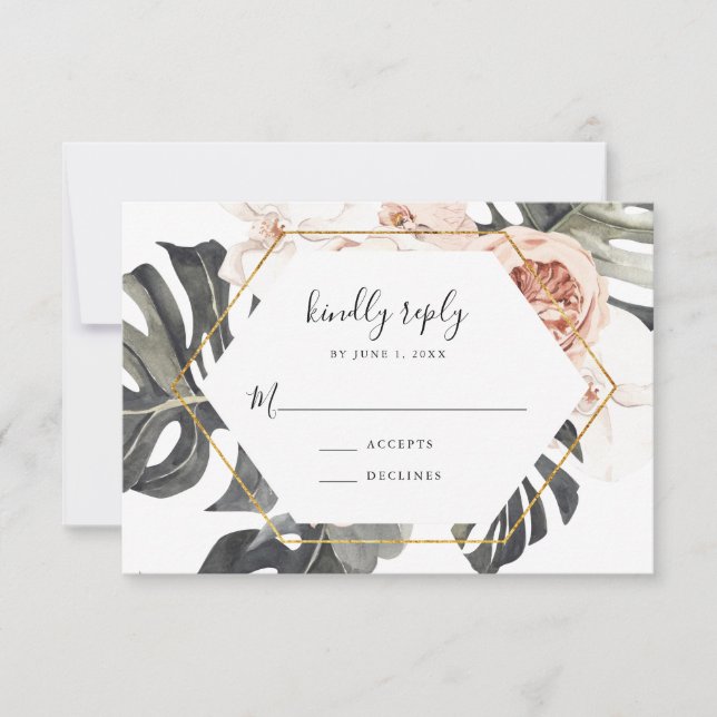 Boho Tropical Floral Gold Frame Wedding RSVP Card (Front)