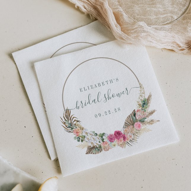 Boho Tropical Floral Green Pink Bridal Shower Napkin (Creator Uploaded)
