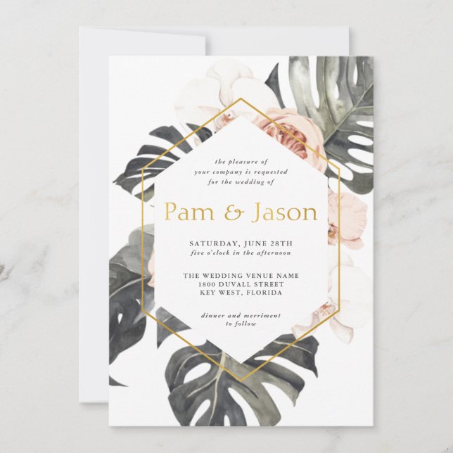Boho Tropical Floral with Geometric Frame Wedding Invitation (Front)