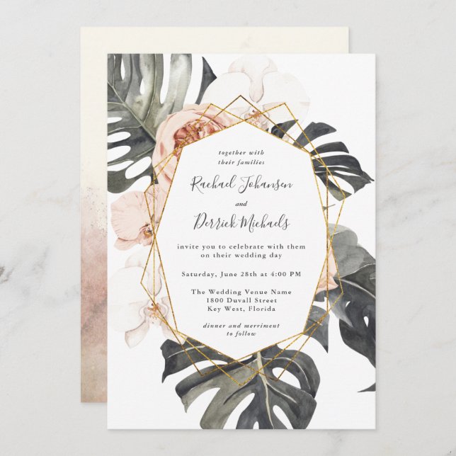 Boho Tropical Floral with Geometric Frame Wedding Invitation (Front/Back)