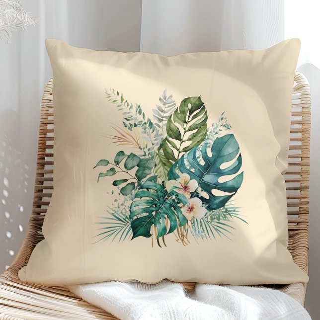Boho Tropical Flowers and Leaves Summer Cushion (Boho Tropical Flowers and Leaves Summer Throw Pillow in a sunny rattan armchair.)