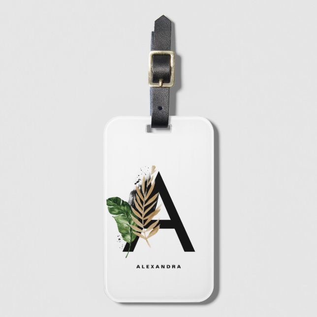 Boho Tropical Foliage Letter A Monogram Bridesmaid Luggage Tag (Front Vertical)
