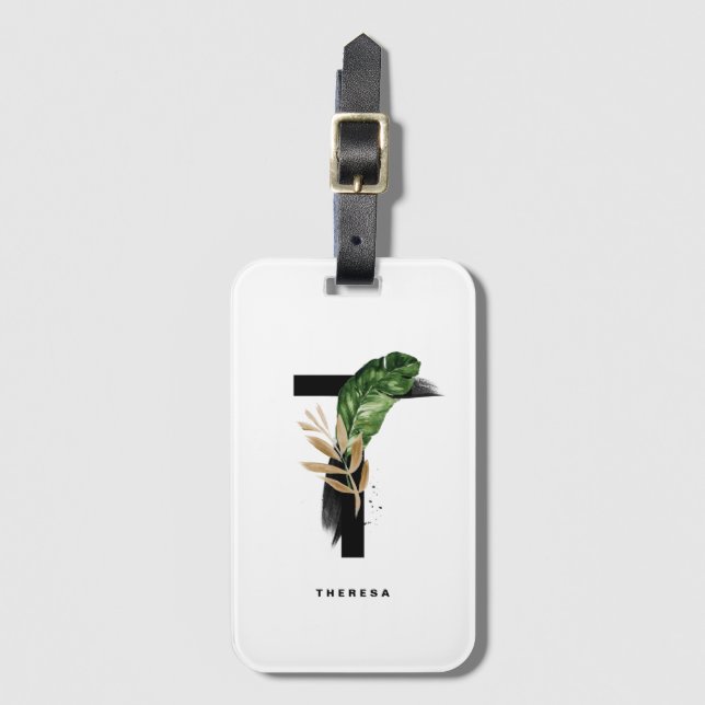 Boho Tropical Foliage Letter T Monogram Bridesmaid Luggage Tag (Front Vertical)
