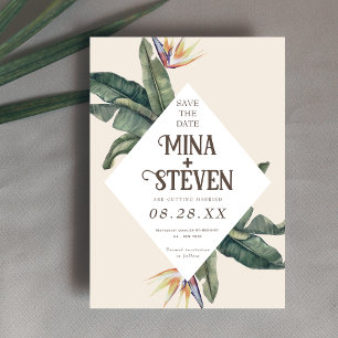 Boho tropical geometric banana leaves wedding save the date